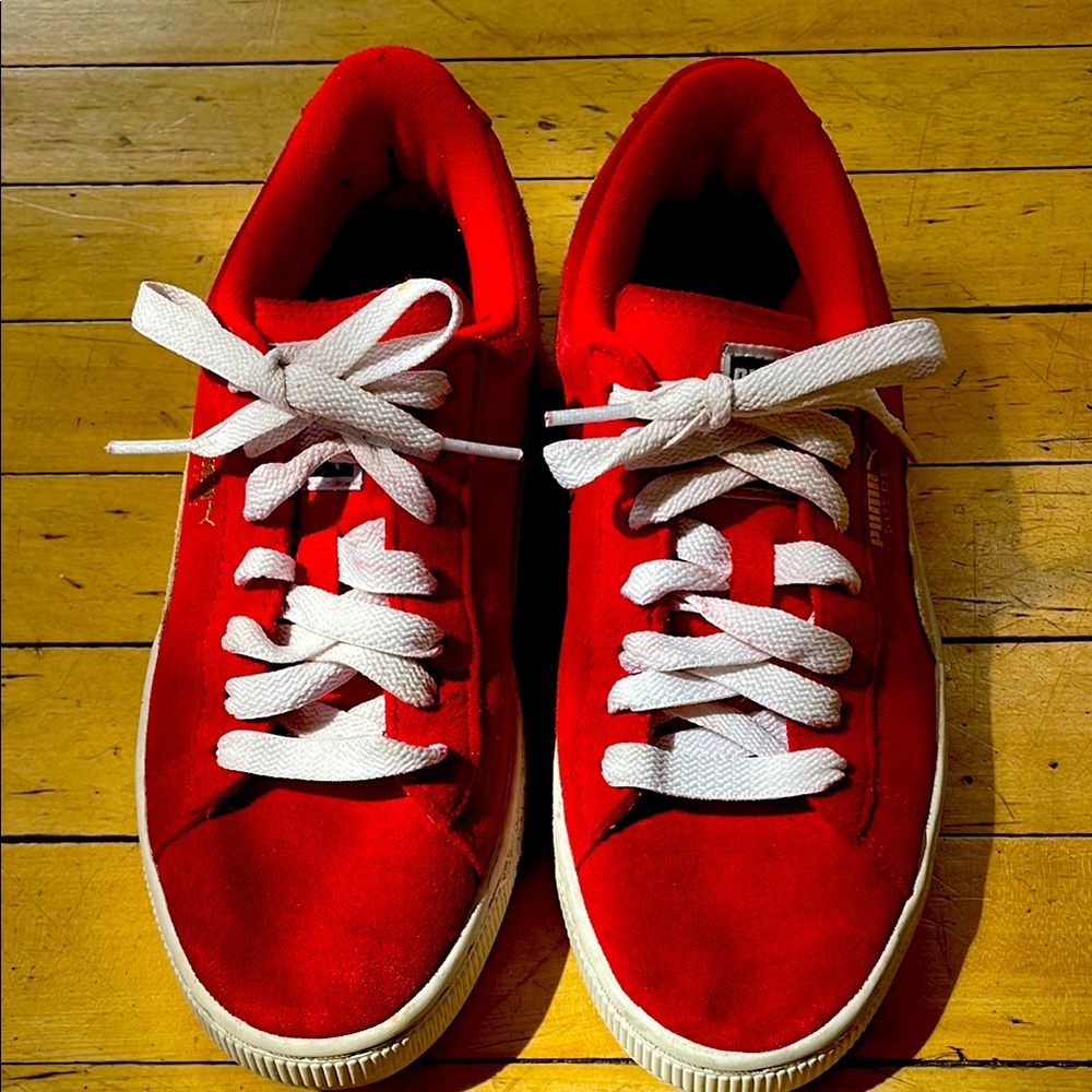 Unisex Red Suede Puma Sneakers with White Laces